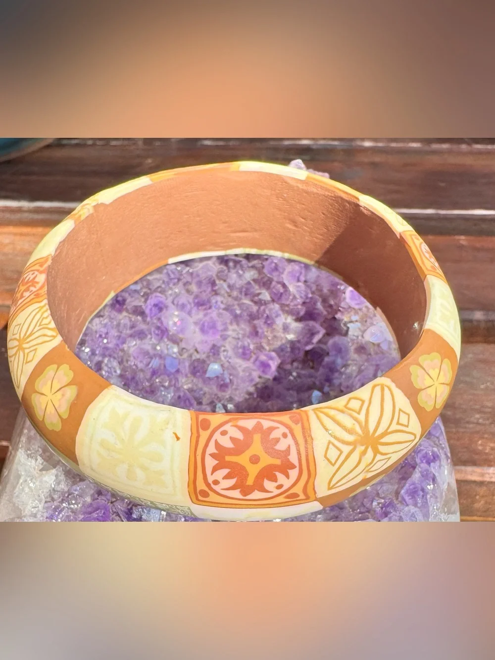 Viva Beads® Handmade Polymer Clay Wide Bangle Bracelet | Floral Patchwork Earth